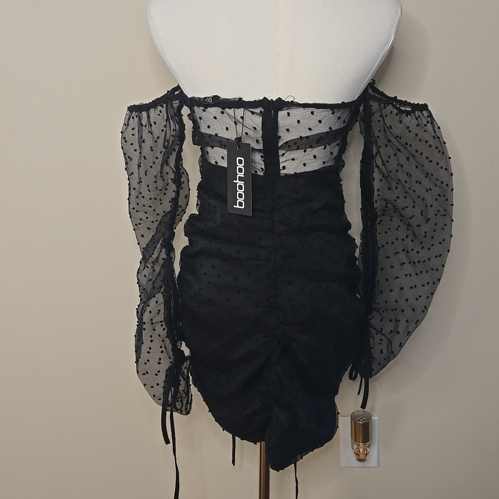 Boohoo Black Sheer Swiss Dot Mini Dress – Ruched Mesh Long Sleeve Size 2 - Picture 7 of 9